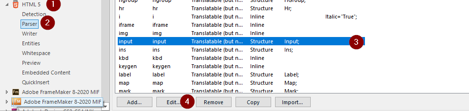 Trados Studio parser settings window with 'input' tag selected and 'Translate' button highlighted indicating it's not set to translate by default.