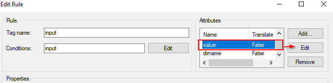Edit Rule window in Trados Studio showing 'input' tag with 'value' attribute set to 'False' for translation.