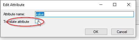 Edit Attribute window in Trados Studio with 'value' field focused and 'Translate attribute' checkbox unchecked.