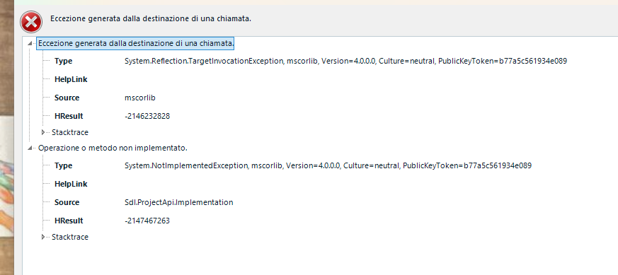 Error message in Trados Studio 2022 displaying 'Eccezione generata dalla destinazione di una chiamata' with details of System.Reflection.TargetInvocationException and System.NotImplementedException.