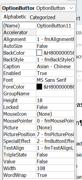 Screenshot of the properties window for a radio button in a Word document, showing settings like Name, Caption, Font, ForeColor, and other properties.