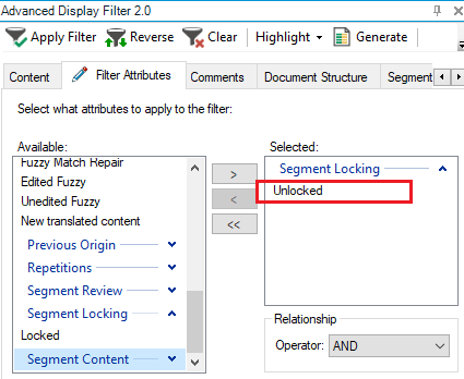 Trados Studio Advanced Display Filter with 'Unlocked' selected under Segment Locking attribute.