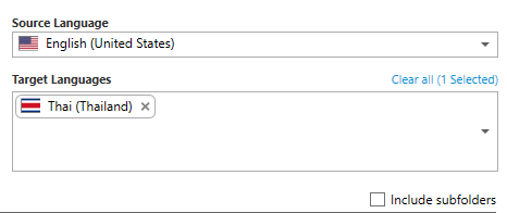 Trados Studio 2022 interface showing Source Language as English (United States) and Target Language incorrectly flagged as Thai (Thailand) with Costa Rica's flag.