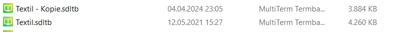 Screenshot of Trados Studio showing two files: 'Textil - Kopie.sdltb' with a timestamp of 04.04.2024 23:05 and 'Textil.sdltb' with a timestamp of 12.05.2021 15:27. Both files are associated with 'MultiTerm Termba...' and have sizes of 3,884 KB and 4,260 KB respectively.