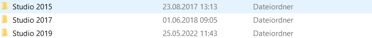 Screenshot showing Trados Studio versions 2015, 2017, and 2019 with their respective last modified dates and labeled as 'Dateiordner'.