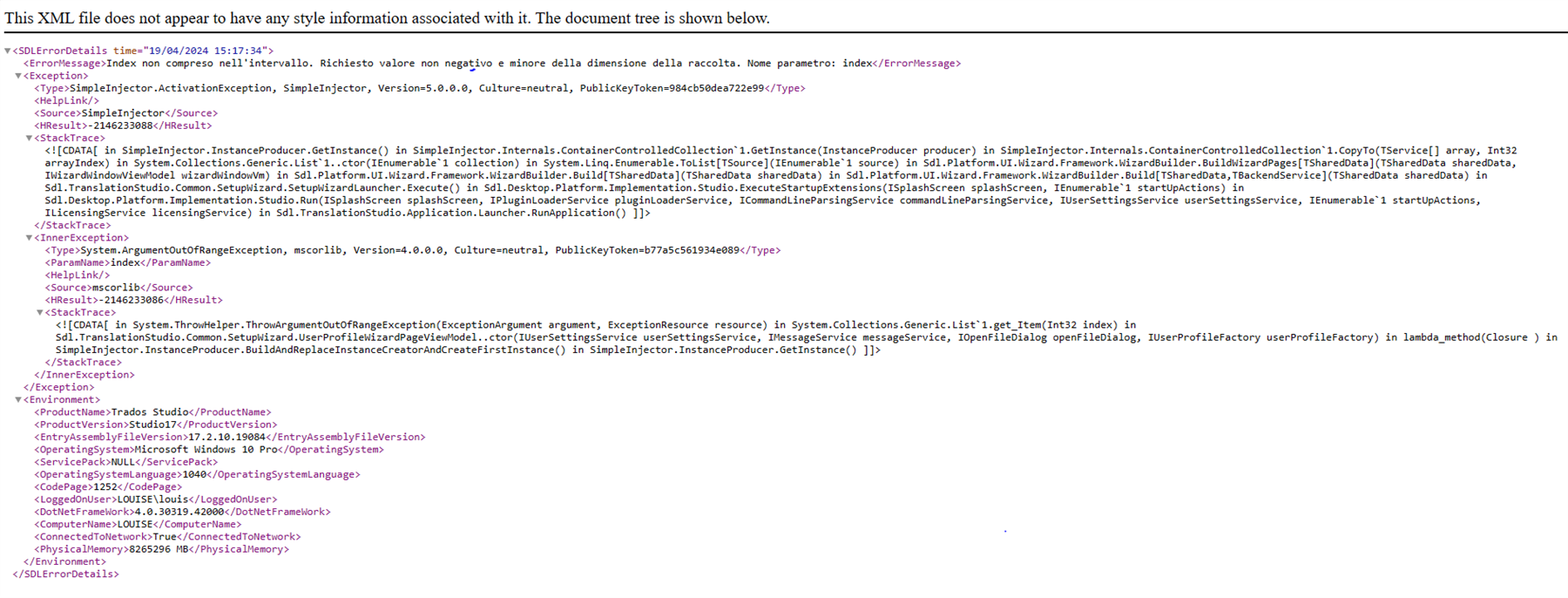 Error message in Trados Studio XML file stating 'Index was out of range' with details of the exception, environment, and system configuration.