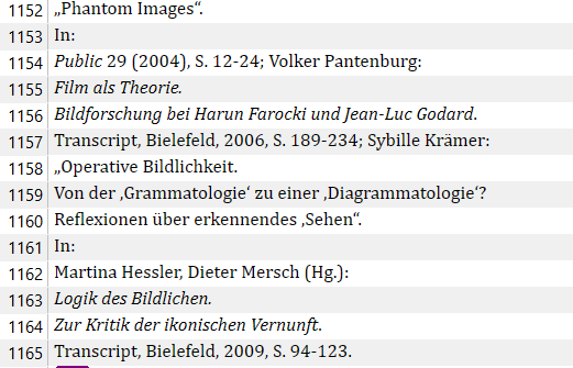 Screenshot of a text document showing a list of academic citations with titles, authors, and publication details.