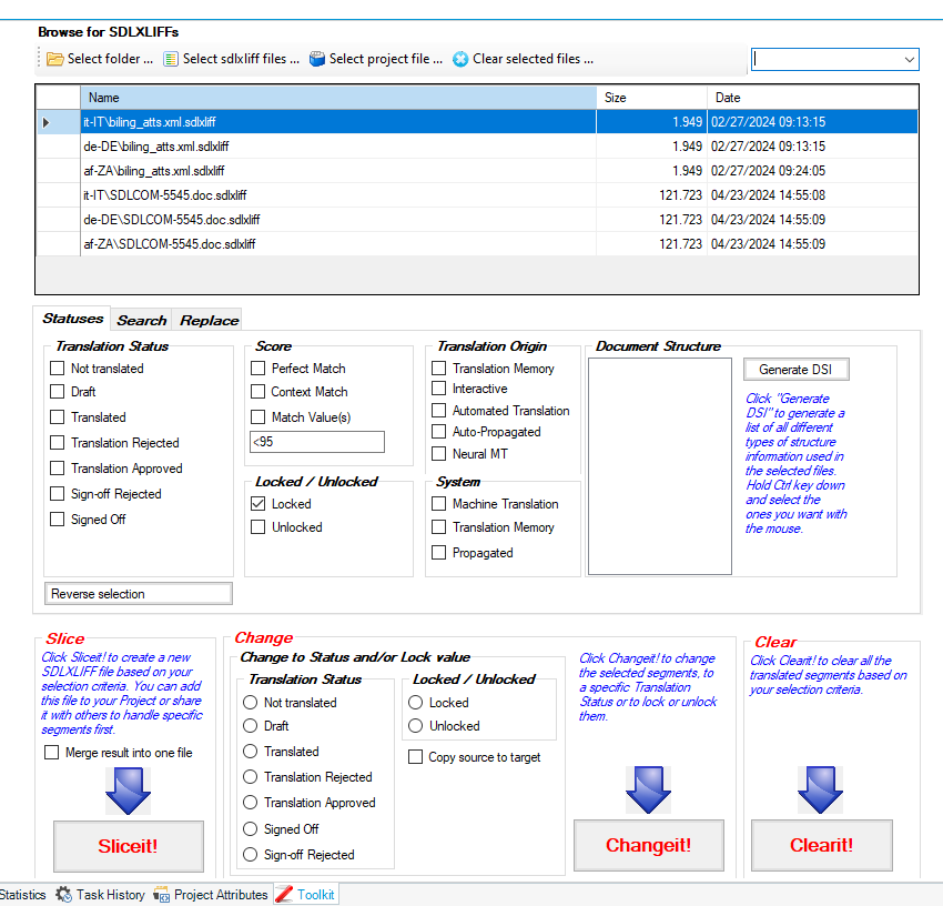 Screenshot of Trados Studio's SDLXLIFF Toolkit interface showing options to browse for SDLXLIFF files, with checkboxes for translation statuses like 'Not translated' and 'Draft'. A section for 'Change to Status andor Lock value' is visible.
