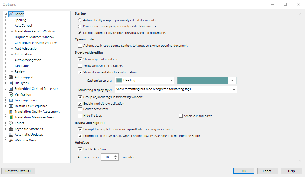 Trados Studio Editor settings page showing options for Startup, Opening files, Side-by-side editor, Customize colors, Formatting display style, Review and Sign-off, and AutoSave.