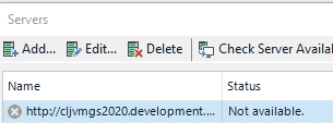 Trados Studio server list showing a server URL with a status of 'Not available'.