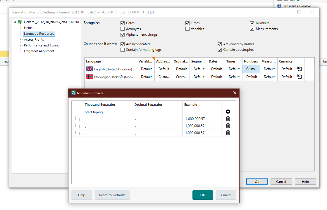 Trados Studio Translation Memory Settings dialog showing Number Formats with different thousand separators and examples for English and Norwegian.