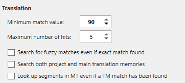 Screenshot of Trados Studio Translation settings showing Minimum match value set to 90.