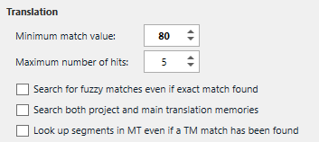 Screenshot of Trados Studio Translation settings showing Minimum match value set to 80.