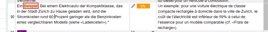 Trados Studio interface with a segment highlighted showing 0% TM match for a DE to FR translation.