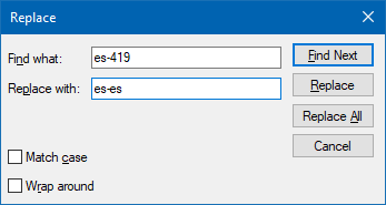 Screenshot of the 'Replace' dialog box in Notepad with 'Find what:' field containing 'es-419' and 'Replace with:' field containing 'es-es'. Options for 'Match case' and 'Wrap around' are unchecked.