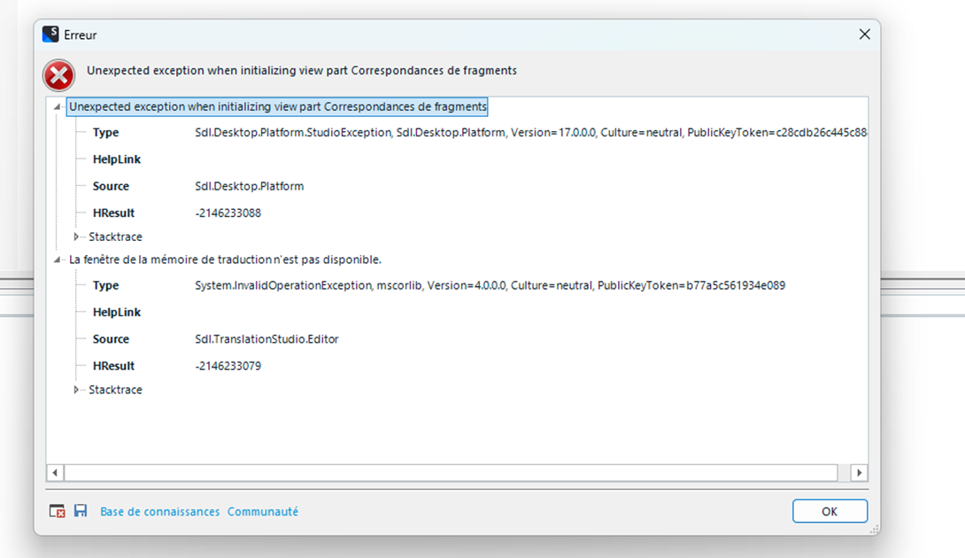 Error dialog box in Trados Studio 2022 SR2 displaying 'Unexpected exception when initializing view part Correspondances de fragments' with additional error details and a 'Translation memory window is not available' message.