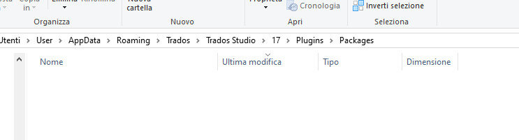 Empty folder view of Trados Studio 17 Plugins directory with columns for Name, Last Modified, Type, and Size.
