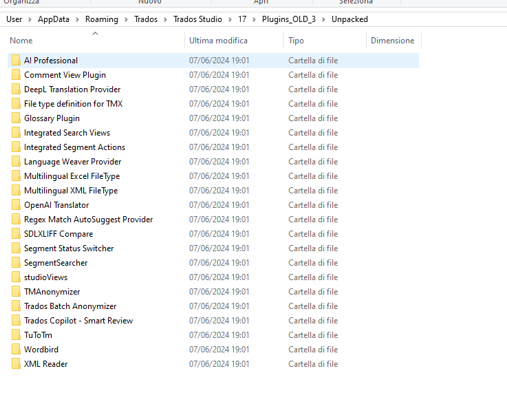 Folder view of Trados Studio 17 Plugins_OLD_3 directory with multiple plugin folders listed, including AI Professional, DeepL Translation Provider, and others.