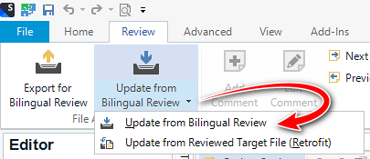 Screenshot of Trados Studio interface showing the Review tab with a red arrow pointing to the 'Update from Reviewed Target File (Retrofit)' option.