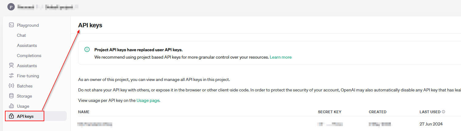Screenshot of an API keys management page with a notification that Project API keys have replaced user API keys, recommending the use of project-based API keys.