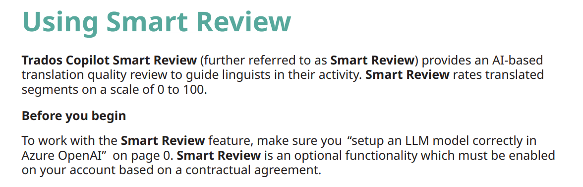 Screenshot of Trados Studio documentation section titled 'Using Smart Review'. It explains that Smart Review provides AI-based translation quality review and rates translated segments on a scale of 0 to 100. It instructs to setup an LLM model in Azure OpenAI and notes that Smart Review is optional and must be enabled on the account based on a contractual agreement.