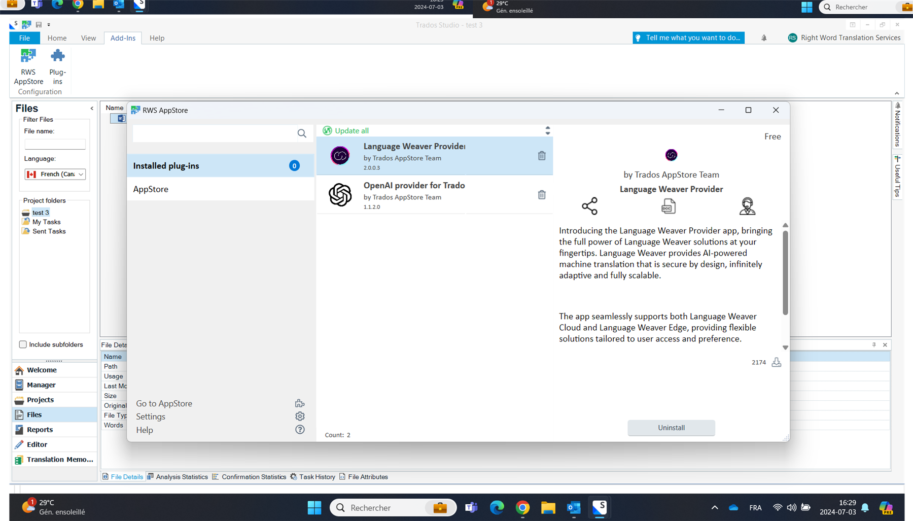Screenshot of Trados Studio 2024 with the RWS AppStore tab open, showing no installed plug-ins and two available plug-ins: 'Language Weaver Provider' and 'OpenAI provider for Trado'.