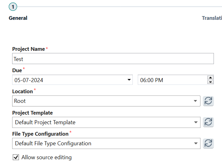 Screenshot of Trados Studio project creation window with fields for Project Name, Due date, Location, Project Template, and File Type Configuration. 'Test' is entered as the Project Name and 'Root' is indicated as the Location.