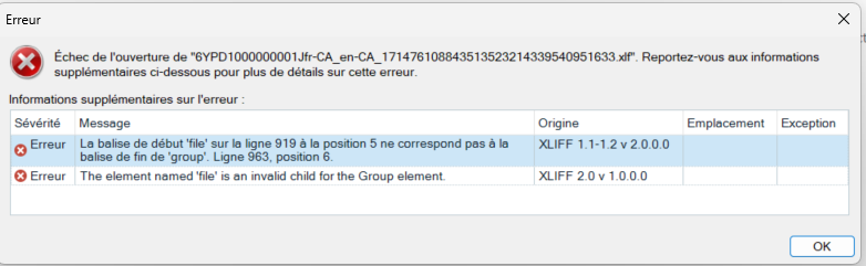 Error dialog box in Trados Studio showing file opening failure with two error messages about incorrect 'file' tag starting and ending positions, and 'file' being an invalid child for the Group element.