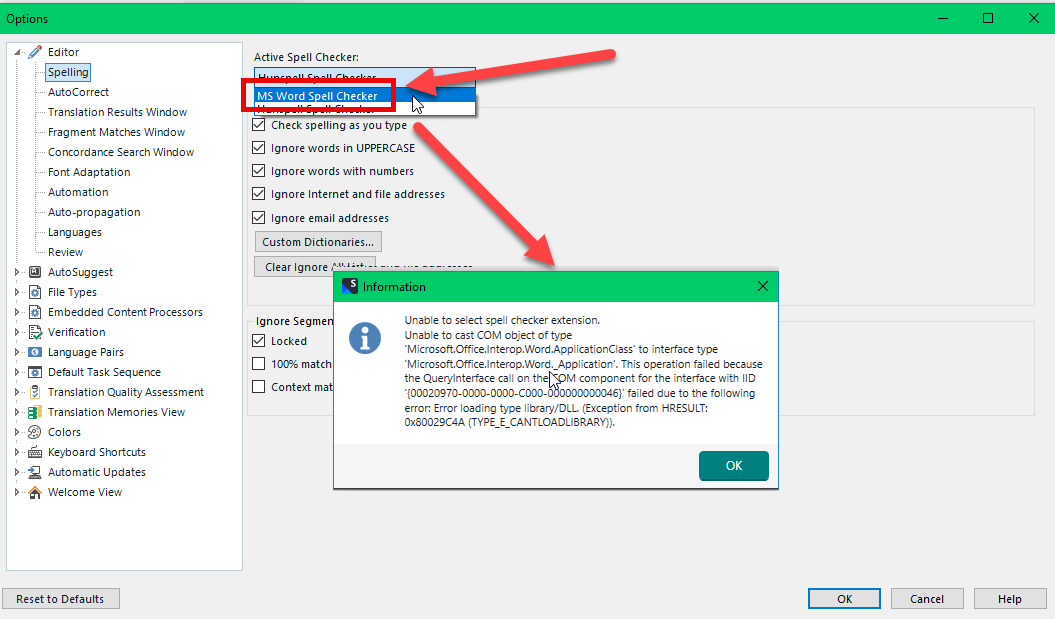 SDL Trados Studio 2022 SR2 options menu with Spelling section open. An error message window titled 'Information' is displayed, indicating an inability to select spell checker extension and a failure to cast COM object for 'Microsoft.Office.Interop.Word.ApplicationClass'.