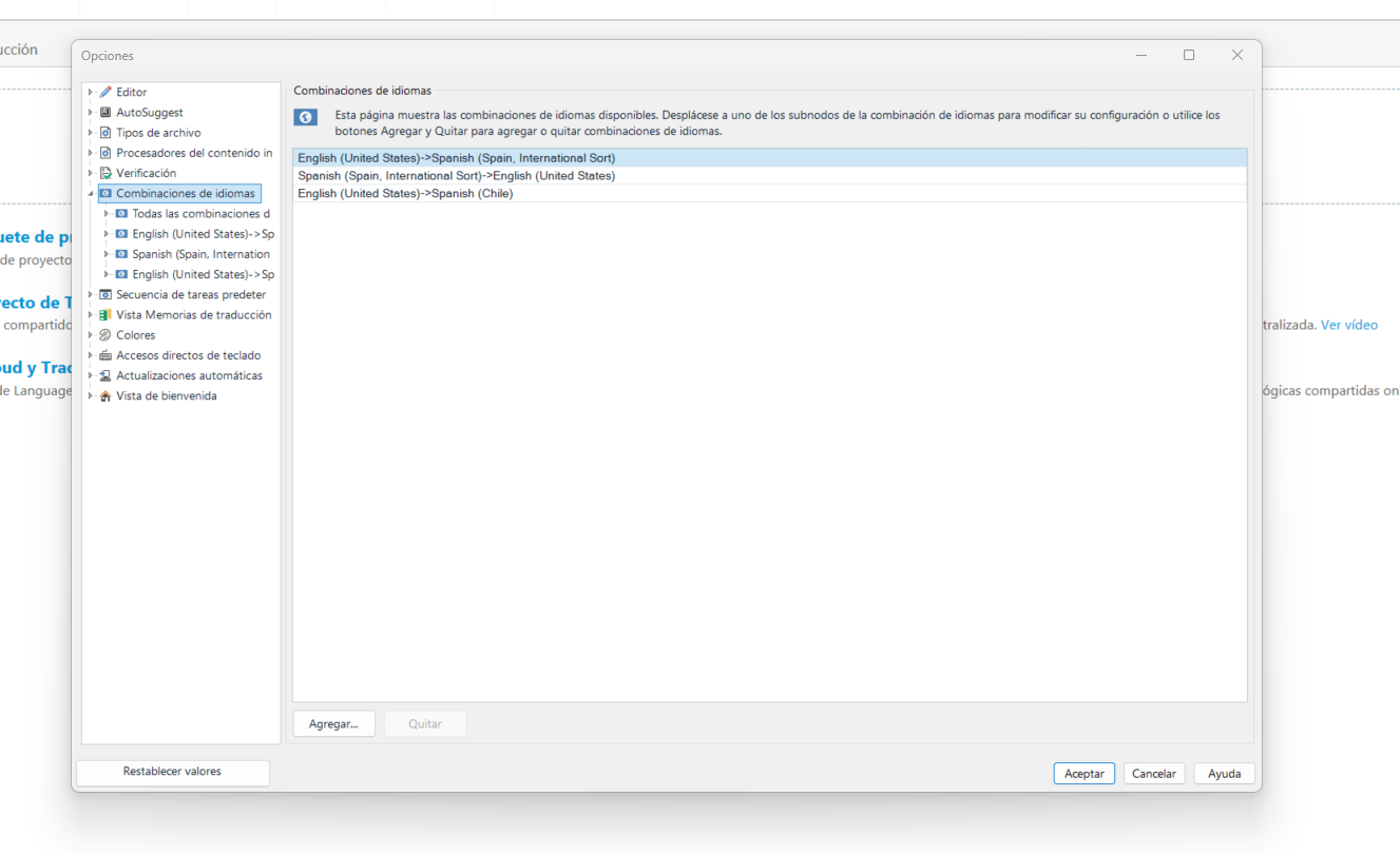 Screenshot of Trados Studio options menu with language combinations settings, showing English (United States) to Spanish (Spain, International Sort) and English (United States) to Spanish (Chile) language pairs.