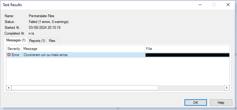 Trados Studio Task Results window showing 'Pre-translate Files' with a status of 'Failed (1 errors, 0 warnings)'. An error message 'Ocorreram um ou mais erros' is displayed.
