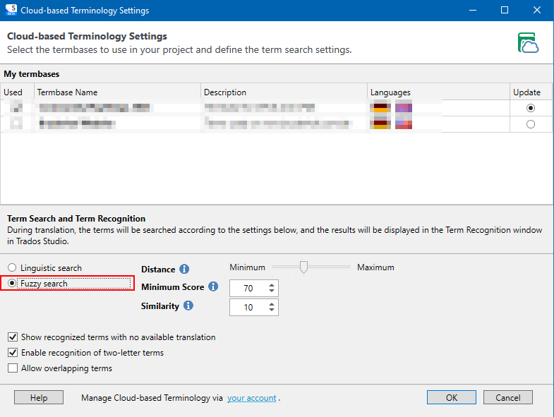 Screenshot of Trados Studio's Cloud-based Terminology Settings with 'Fuzzy search' selected, displaying options for 'Minimum Score' and 'Similarity' with sliders and checkboxes for term recognition settings.
