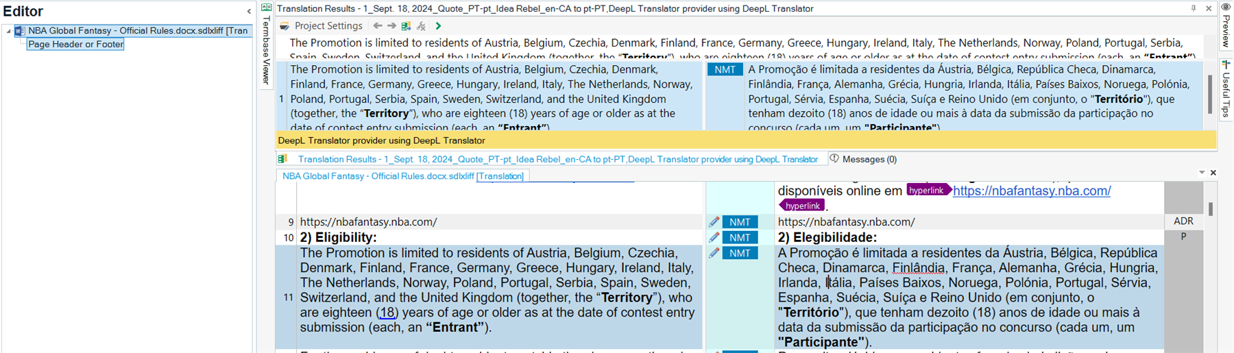 Screenshot of Trados Studio showing a translated segment in Portuguese from English without any visible errors or warnings.