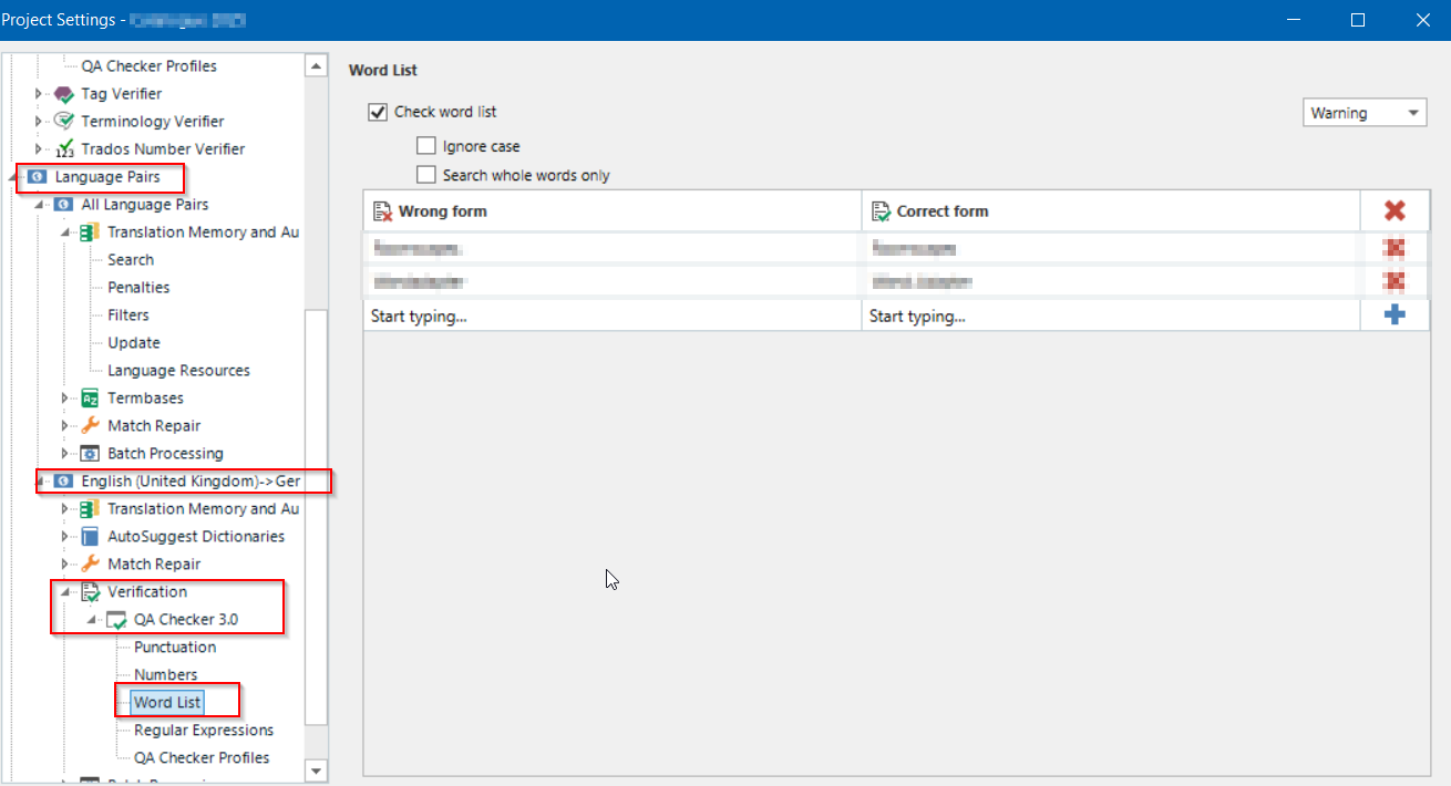 Screenshot of Trados Studio Project Settings showing Language Pairs expanded with English (United Kingdom) to German selected, and Verification sub-menu with Word List option highlighted.