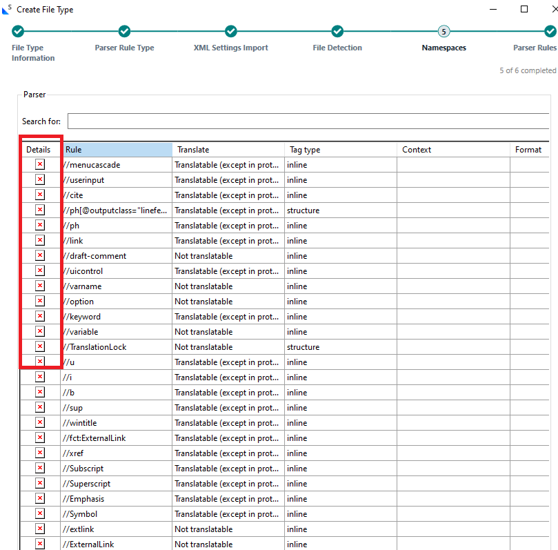 Trados Studio 'Create File Type' window showing a list of parser rules with red cross icons in the 'Details' column, indicating an error for each item.