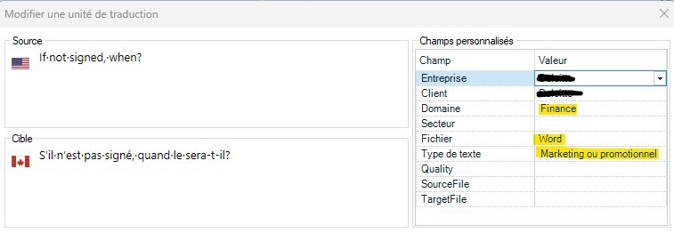 Screenshot of Trados Studio segment within a translation unit editor showing source and target text with mismatched custom field values such as 'Client' and 'Type de texte'.