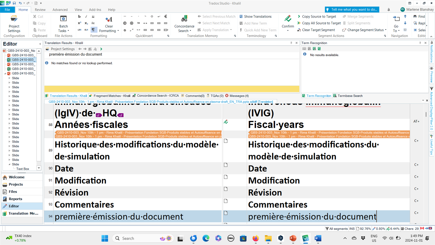 Screenshot of Trados Studio 2021 with a PowerPoint file open in the Editor view. The text 'Annees fiscales' and other French content is highlighted, indicating focus on translation. No errors or warnings are visible.