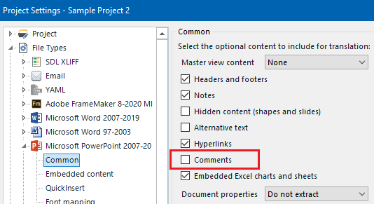 Trados Studio Project Settings dialog showing File Types with Common selected. The Comments checkbox under Optional Content is highlighted but not checked.