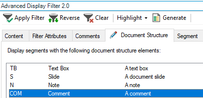 Advanced Display Filter 2.0 in Trados Studio with the Document Structure tab open. The Comment row is highlighted, indicating how to filter comments.