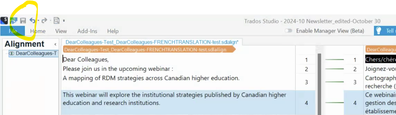 Trados Studio 2022 screenshot showing the Alignment tab with two files loaded for alignment. The 'Save' button is not visible in the image.