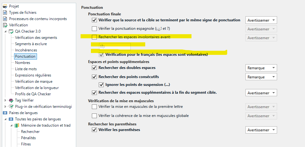Screenshot of Trados Studio 2024 QA Checker 3.0 settings showing options for punctuation verification with a highlighted section for 'Verification pour le francais (les espaces sont volontaires)' indicating spaces are voluntary before punctuation in French.