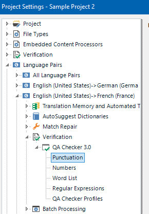 Screenshot of Trados Studio Project Settings showing expanded Language Pairs for English (United States) to German and French with Verification options, highlighting Punctuation settings.