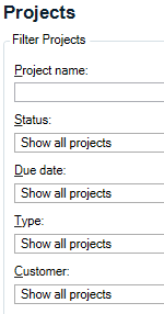 Screenshot of Trados Studio's Projects filter options with empty fields for Project name, Status, Due date, Type, and Customer, each followed by a 'Show all projects' checkbox.