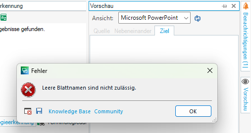Screenshot of an error message in Trados Studio with a red 'X' icon, stating 'Leere Blattnamen sind nicht zulassig,' which means 'Empty sheet names are not allowed.' The background shows a preview pane with 'Microsoft PowerPoint' selected.