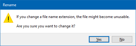 Warning dialog box titled 'Rename' with a yellow triangle exclamation mark icon, stating 'If you change a file name extension, the file might become unusable. Are you sure you want to change it?' with 'Yes' and 'No' buttons.