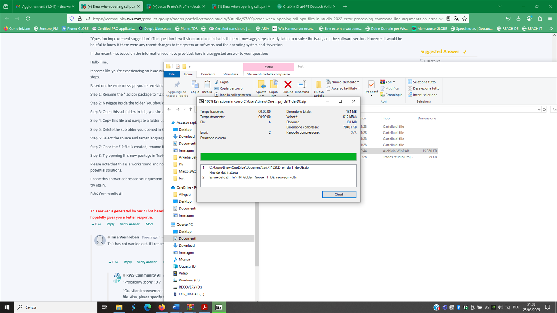 Screenshot of an error during file extraction with a message '2 errori durante l'estrazione in corso' indicating two errors occurred while extracting files.