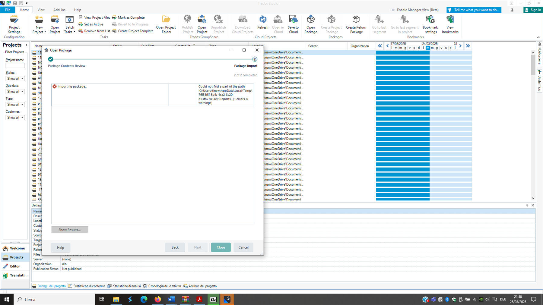 Screenshot of Trados Studio software showing an 'Importing package...' dialog box with an error message 'Could not find a part of the path' followed by a file path, indicating a problem with importing a package.