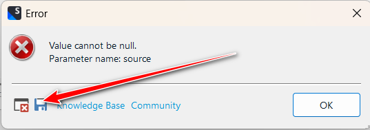 Error dialog box from Trados Studio with a red cross symbol, displaying the message 'Value cannot be null. Parameter name: source'. There are buttons for 'Knowledge Base' and 'Community', and an 'OK' button.