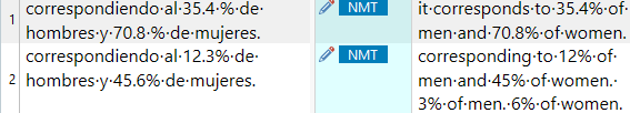 Screenshot of a Trados Studio translation segment comparison showing a source text in Spanish and its English translation with NMT icons indicating machine translation usage.