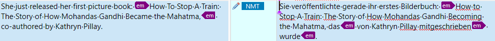 Screenshot of a text segment in Trados Studio with the English phrase 'How To Stop A Train: The Story of How Mohandas Gandhi Became the Mahatma' highlighted.